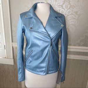 Bagarelle small blue faux leather moto jacket NWT